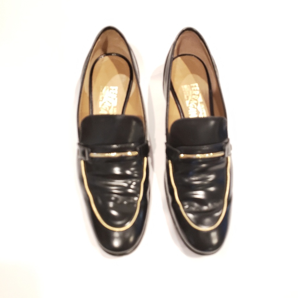 Ferragamo women's loafers flats black patent leather black gold size 8 c wide - Picture 2 of 7